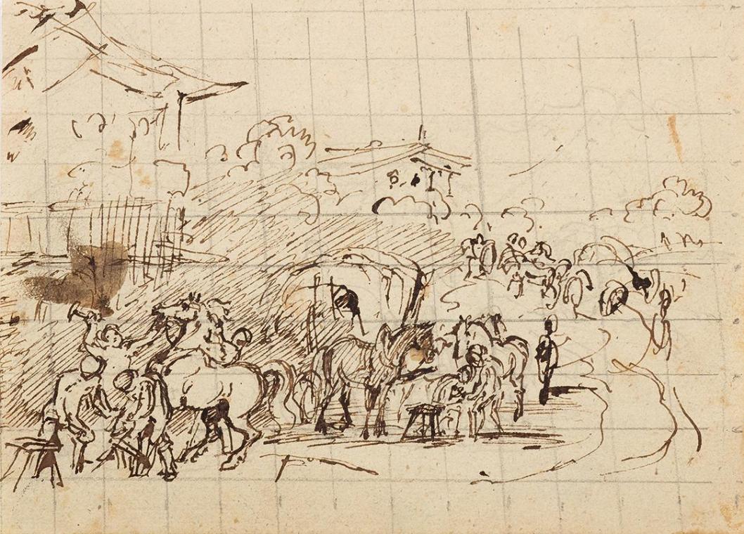Friedrich August Mathias Gauermann, Pferde vor einer Schmiede, undatiert, Tusche auf Skizzenblo…