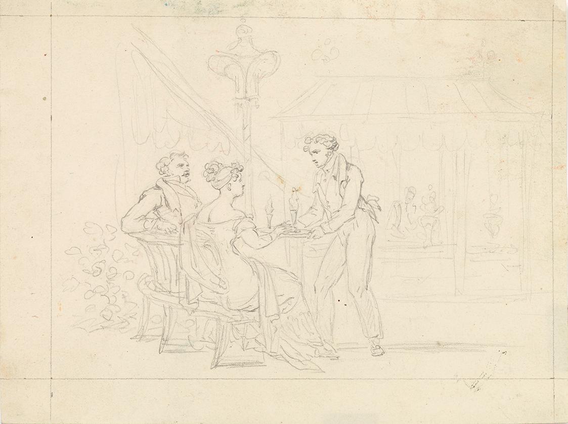Unbekannter Künstler, Biedermeier-Paar in Café, Kellner serviert Eis, 1800/1850, Bleistift auf …