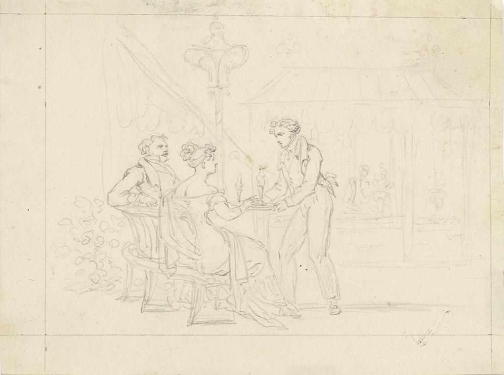 Unbekannter Künstler, Biedermeier-Paar in Café, Kellner serviert Eis, 1800/1850, Bleistift auf …