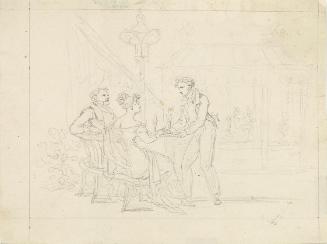 Unbekannter Künstler, Biedermeier-Paar in Café, Kellner serviert Eis, 1800/1850, Bleistift auf …